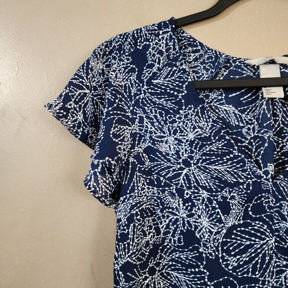 H&M Womens Pullover Blouse Size 2 Blue Chiffon Flutter Sleeve V-Neck Tunic Top - Picture 7 of 9